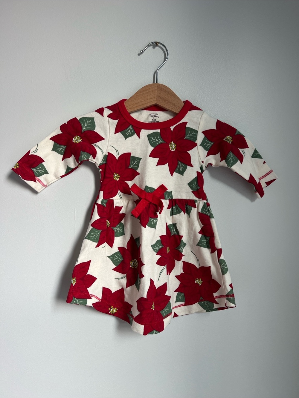 Touched By Nature | Baby Cotton Ivory Dress Red Poinsettia Print Holiday Sz 0-3M